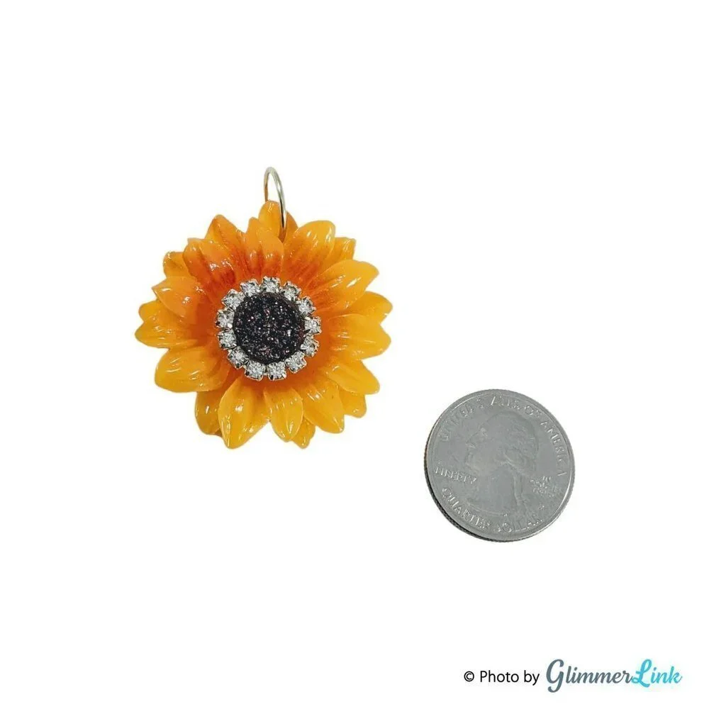 Sunflower Rhinestone Resin Pendant Large Yellow Flower Charm